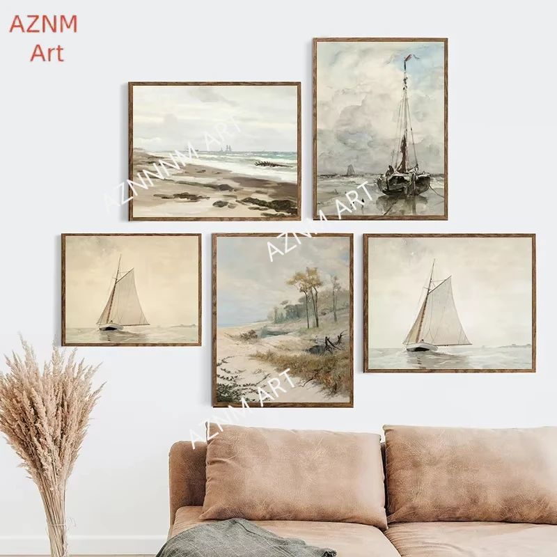 1PC ，Vintage Seascape Watercolor Painting On Canvas Poster Coastal Art Prints Gallery Wall Art Pictures for Living Room Home