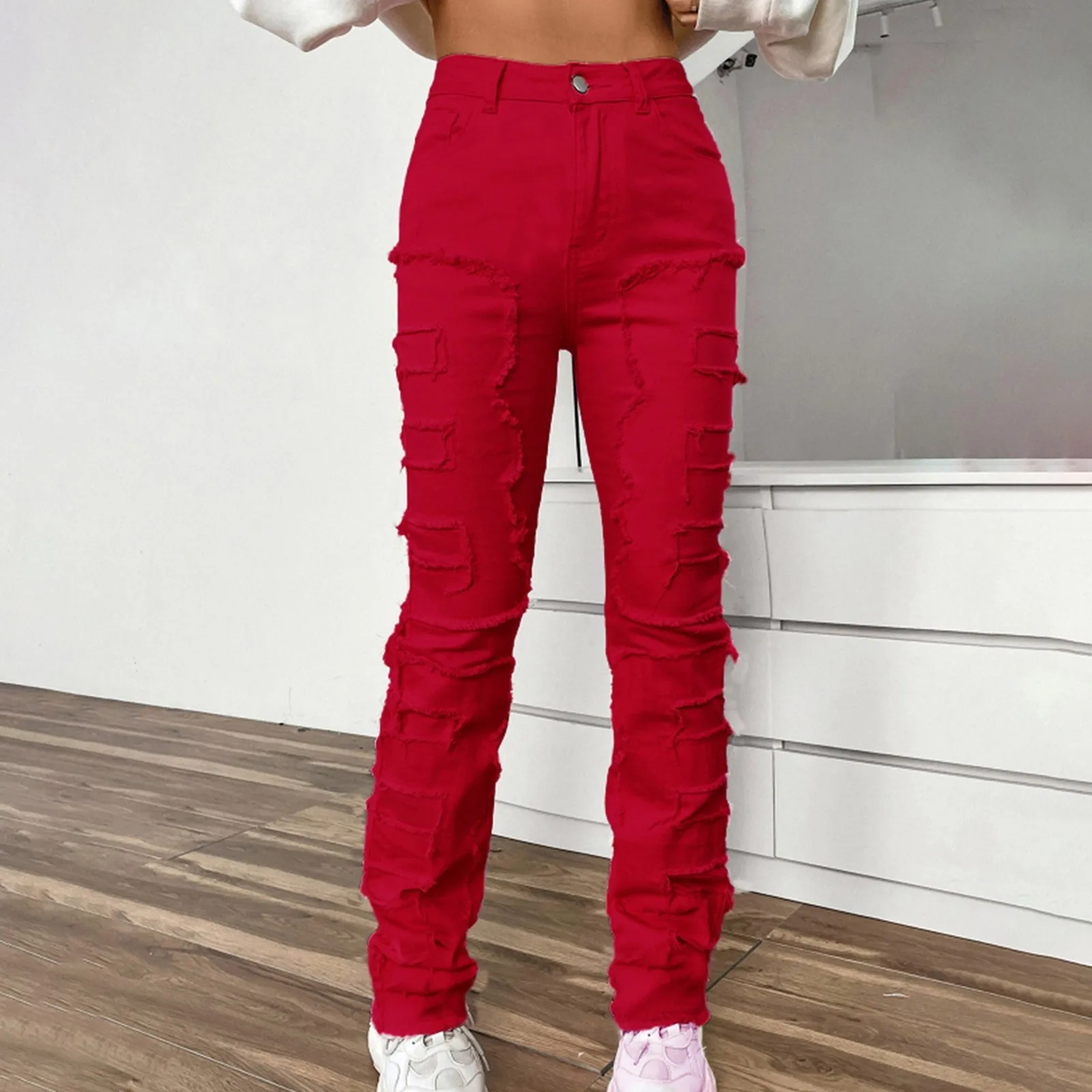 Jeans For Teen Girls Women Denim Embroidered Straight Leg Pants Stretch Patch Denim Stacked Straight Leg Jeans For Women 여성바지