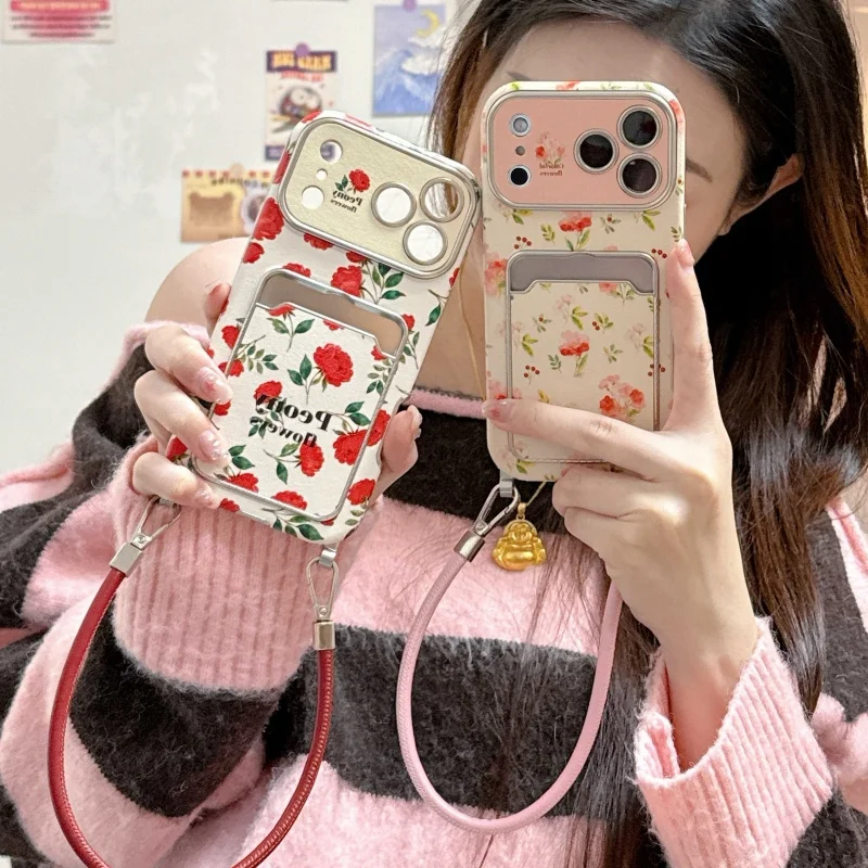 

Spring Flowers Card Slot Leather Phone Case For iPhone 17 Pro 16 14 15 Pro Max Cover with Hand Rope Shockproof Cute Protective F