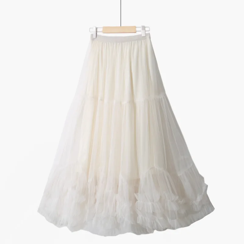 Oversized Flare Mesh Skirt Ruffle Trim A Line Puffy Tutu Sweet Stylish Design Versatile Daily Party Women Fashion Bottom Skirt