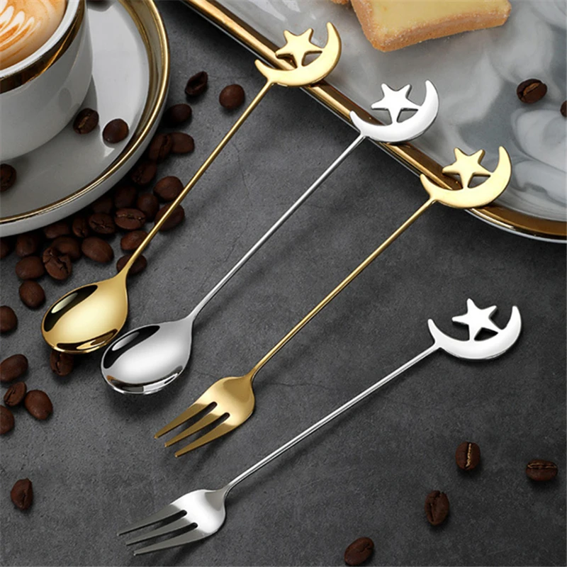 Star Moon Spoon Fork Stainless Steel Small Spoon Fashion Aternoon Tea Tableware Fruit Dessert Forks Coffee Tea Mixing Spoons