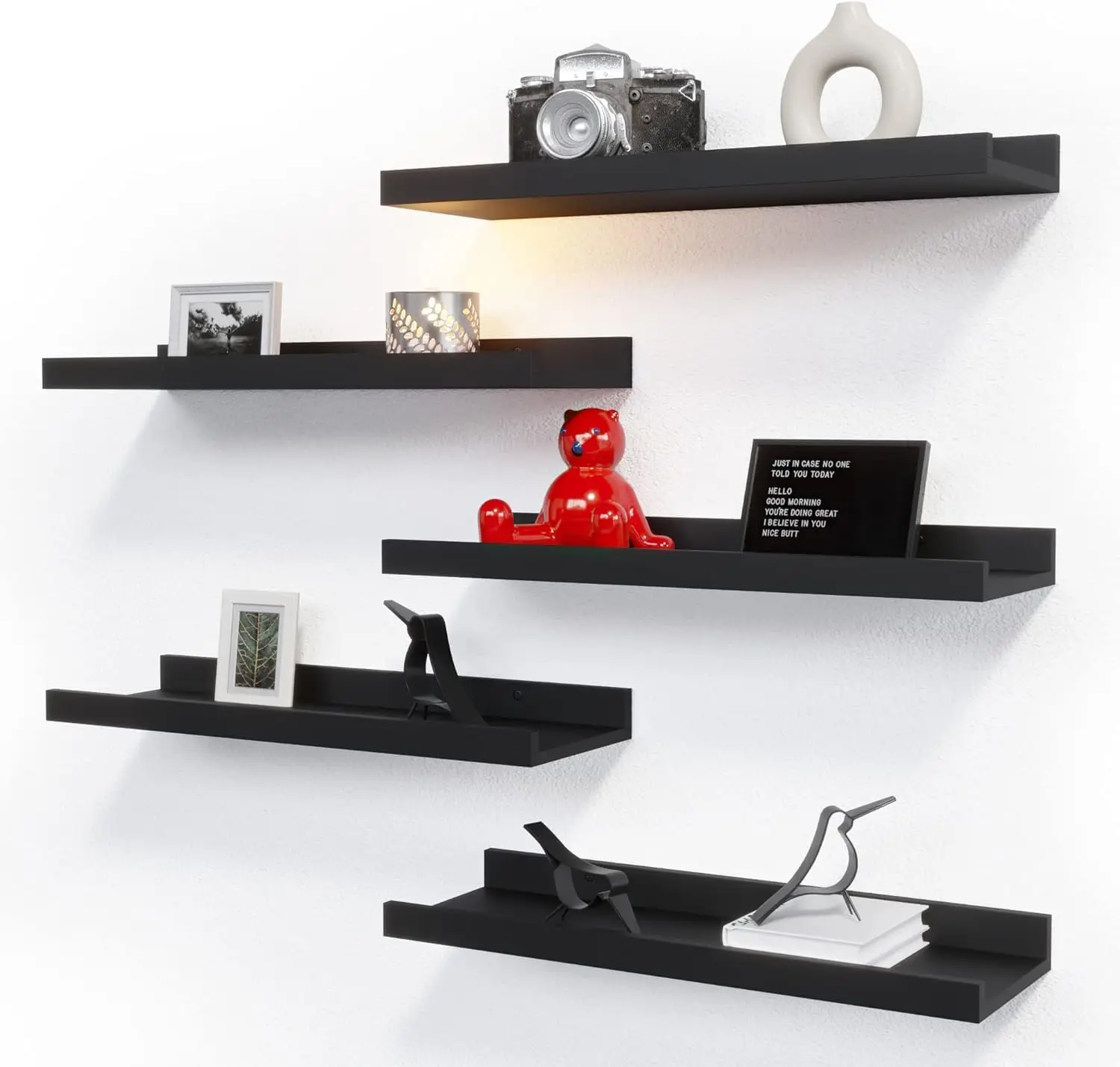 Set of 5 black wood floating wall shelves with front lip, wall‑mounted display ledges prevents items sliding, decor for bedroom, bathroom, kitchen and living room.