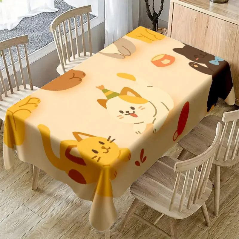 Kawaii Kitten Tablecloth, Beige Background Cartoon Playful Cat Pet Pattern Waterproof Table Cover, Washable for Home Party Decor