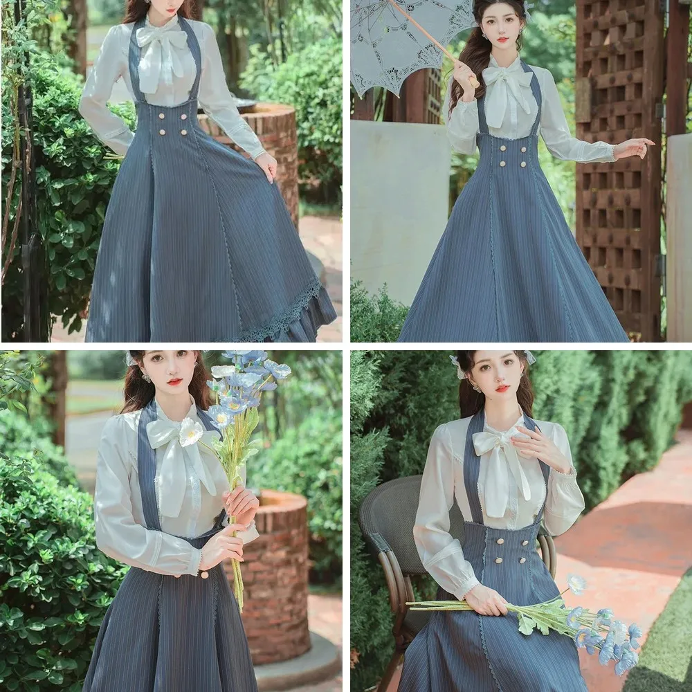 

Victorian Style 2-Piece Dress: Embroidered Bow Blouse & Striped Blue Long Skirt, Elegant Women's Outfit