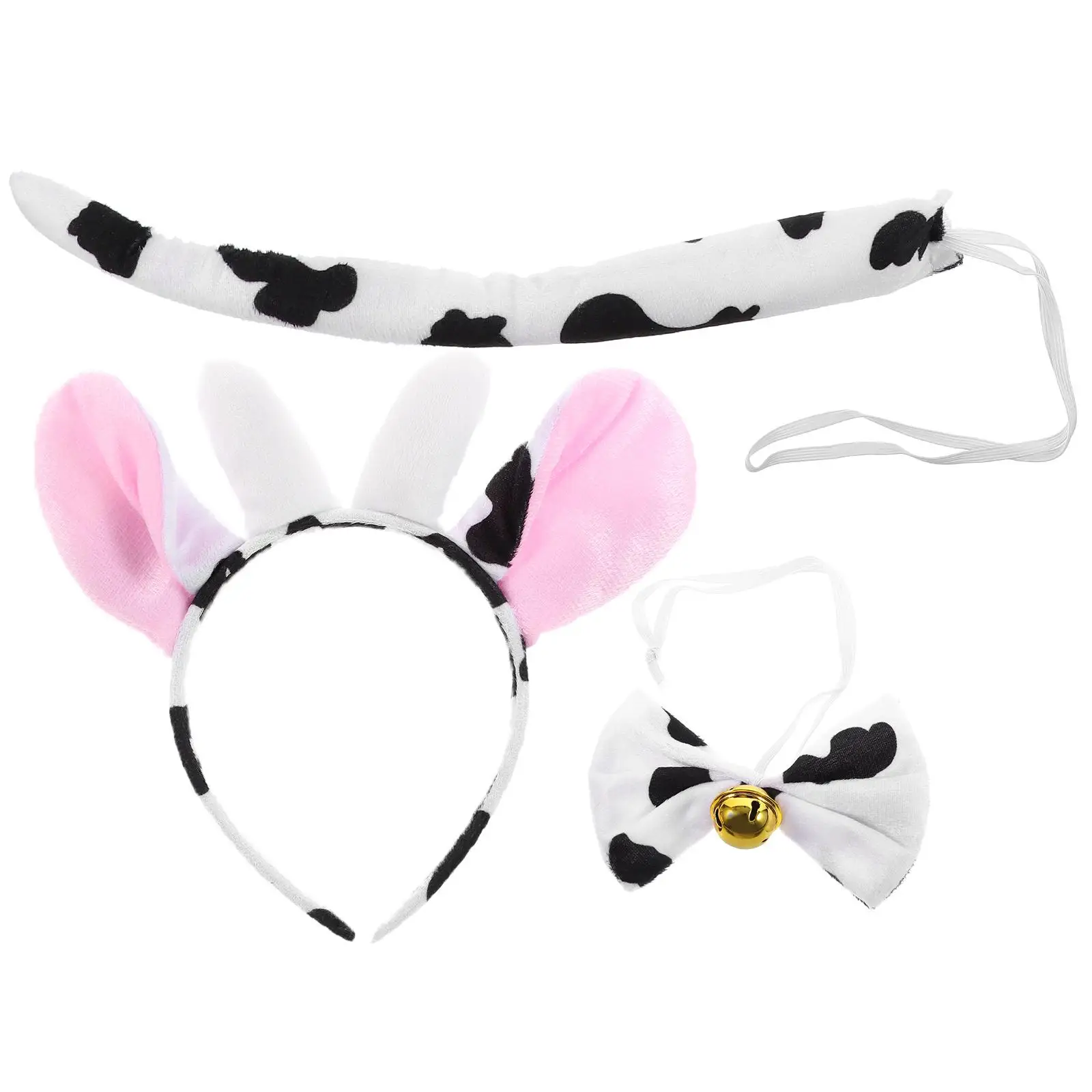 

1 set Cow Ear Headband Set Furry Animal Costume Accessories Party Halloween Cosplay Props With Tail Bowtie Elastic Band Headwear