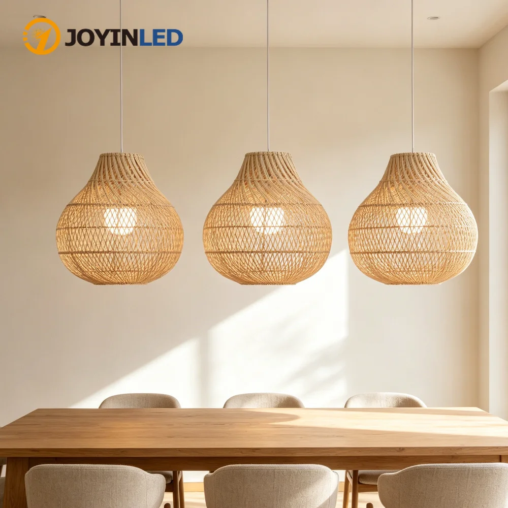 

JOYINLED Chinese Style Chandelier 35CM Hand Woven Natural Rattan Pendant Lamp Living Room Restaurant Bedroom Art Lights Decor
