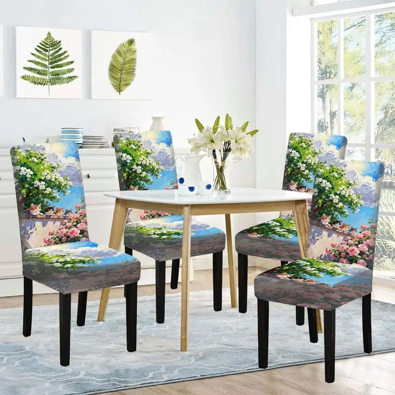 

Эластичный чехол для обеденного стула с принтом четырех котят, сидящих на цветочной стене, защитный чехол для мебели для домашнего декора.