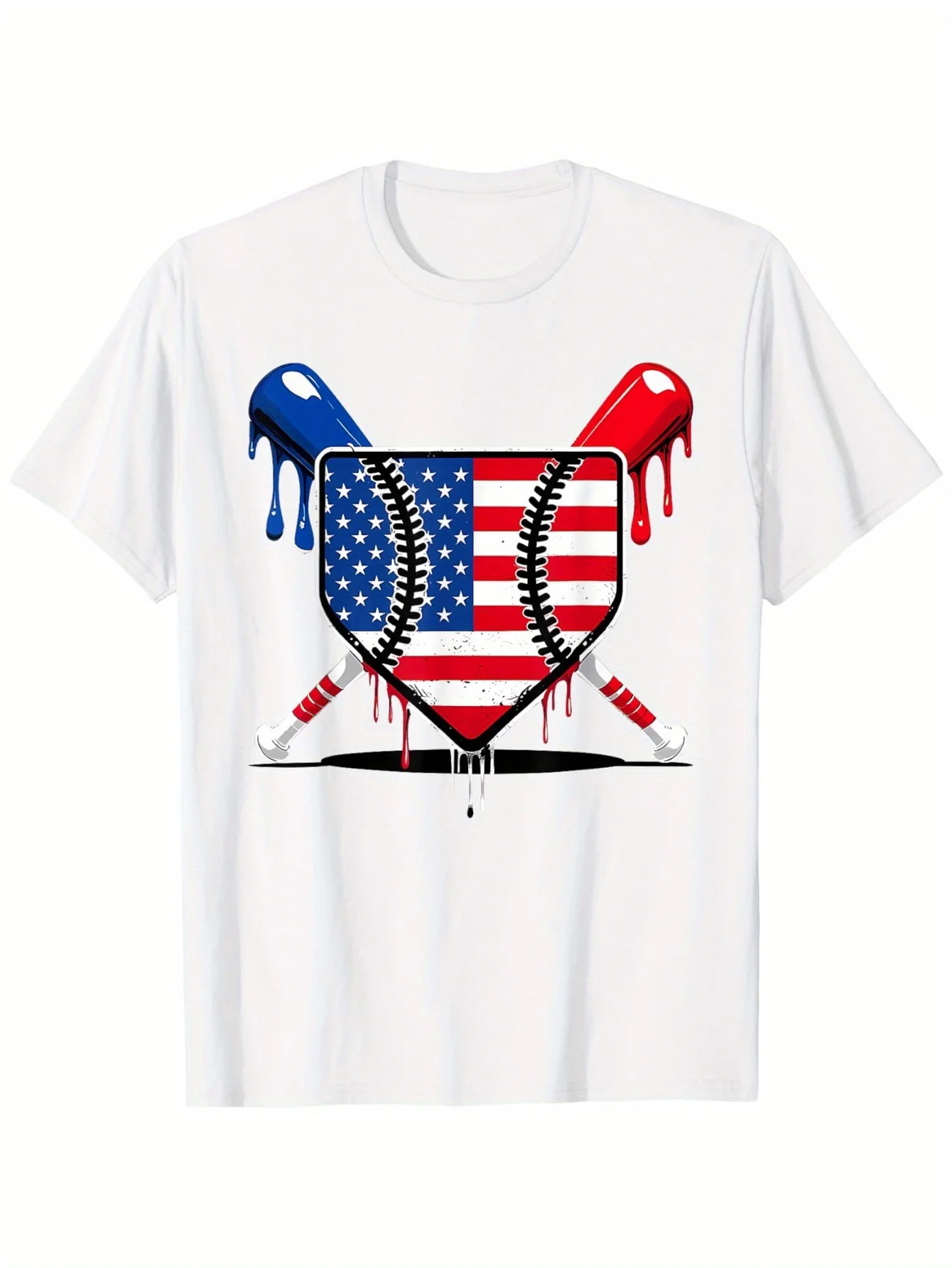 Baseball Home Plate Dripping Ice Cream Drip American Flag T-Shirt, Street Style Short Sleeve Tee, Comfort Fit Men'S Tee, Crew Ne
