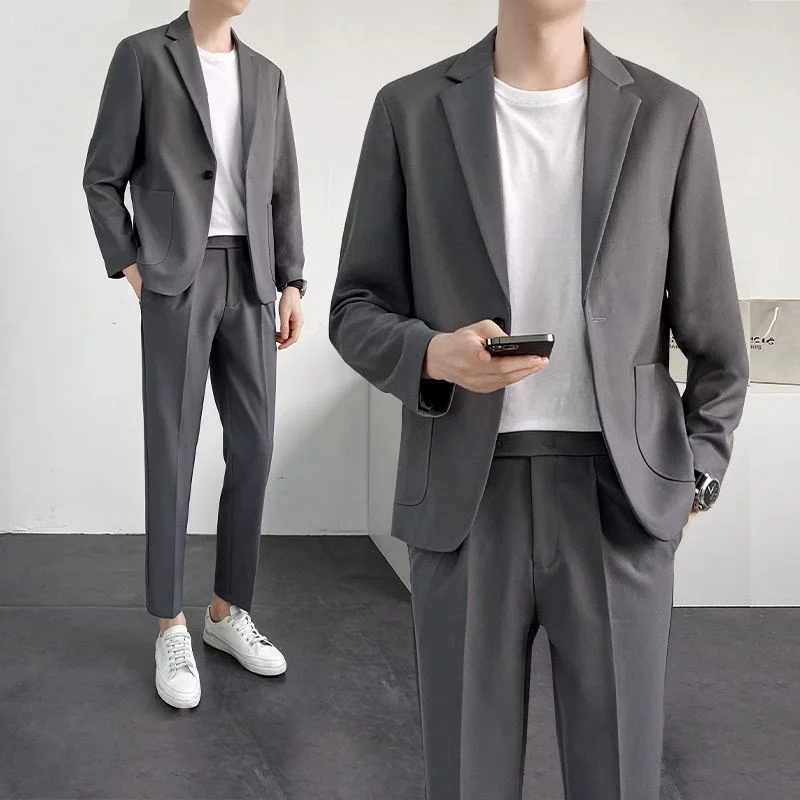 Korean Loose Fitting Oversized Suit Set for Men, High-end Jacket and Pants, Solid Color Suit Set