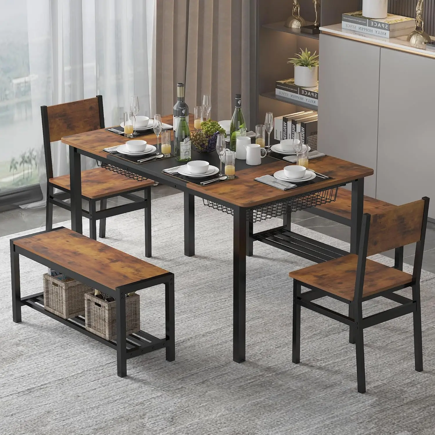 Set for 4-6 People,Industrial Dining Table with 2 Benches and 2 Chairs,Kitchen Table Set with Storage Rack for Dining Room,Savin