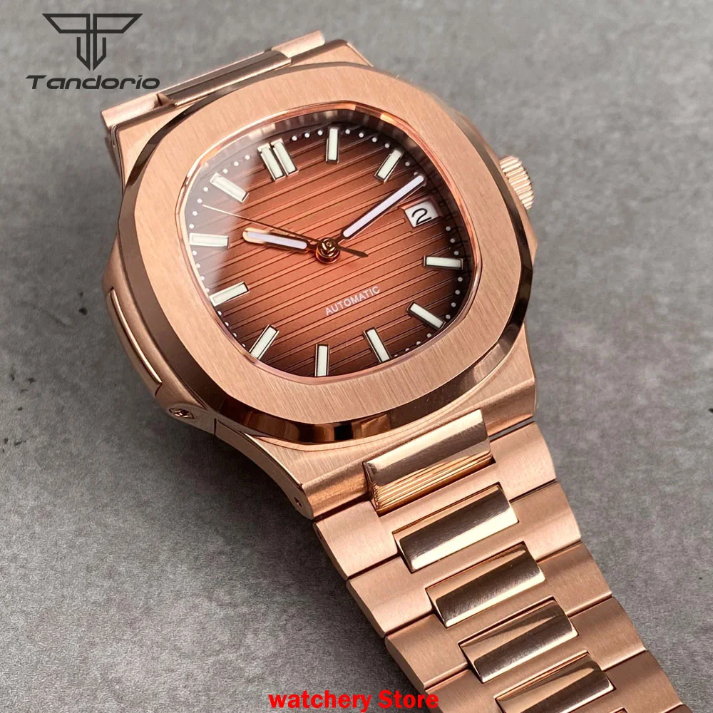 Jam Tangan Pria Retro Klasik Sporty Gerakan Otomatis NH35A Persegi Emas Mawar 40Mm Baru Kustom Gelang Baja Kaca Safir