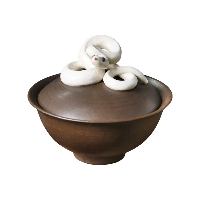 Three Time Wood Fired Old Rock Mud White Snake Covered Bowl, Chinese Rough Pottery Hand Held Teapot, Creative Kung Fu Tea Set,