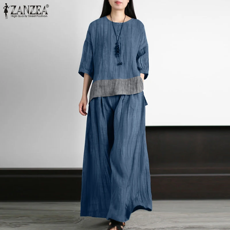 ZANZEA Damen-Hosenanzüge mit 3/4-Ärmeln, Blusen und weiten Hosen, 2-teilige Sets, lockere Hosen-Sets für Frühling und Sommer