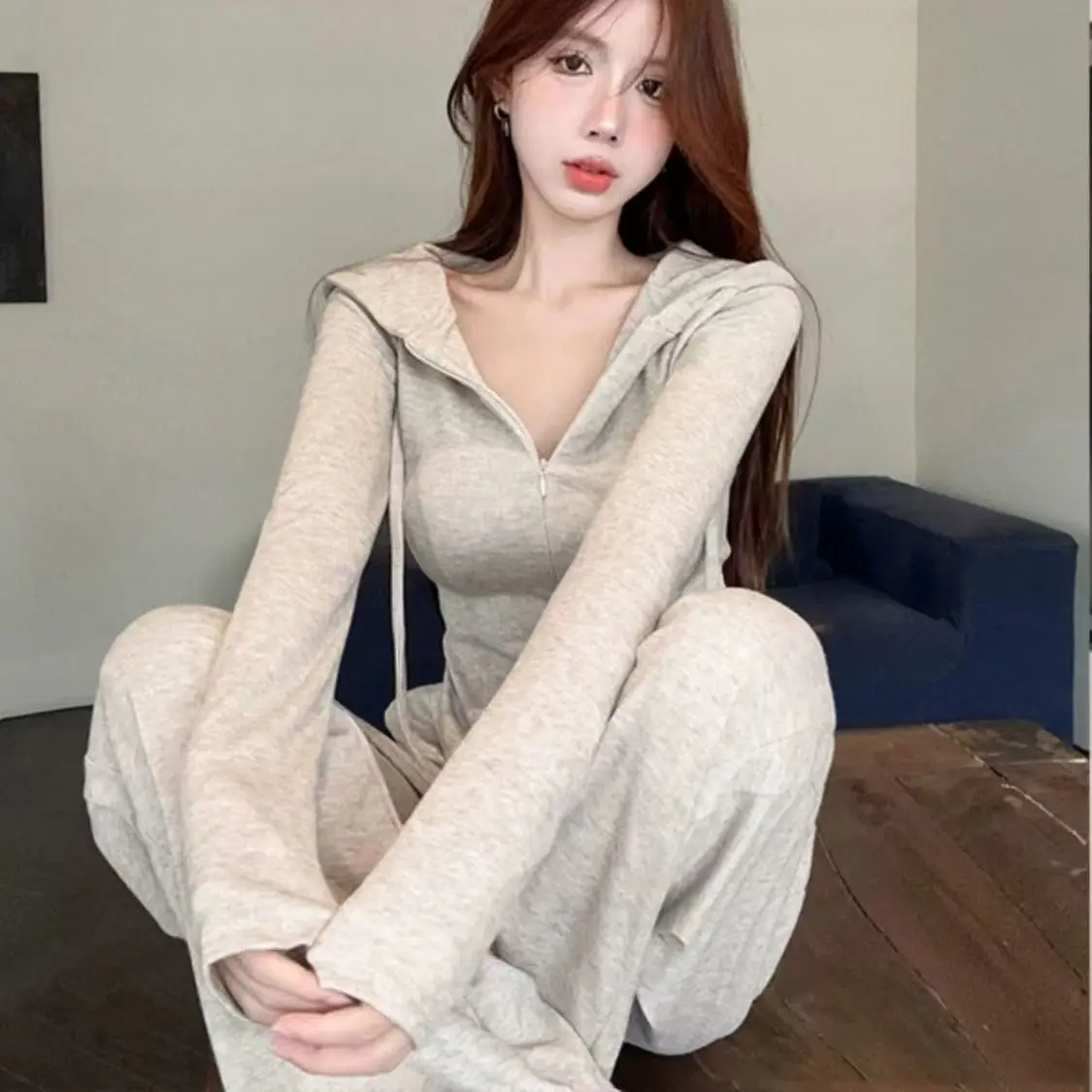 Casual Popular Zipper Short Hooded Open Cardigan Sweatshirt Two-Piece Set Pure Color Women's City Walk Dress