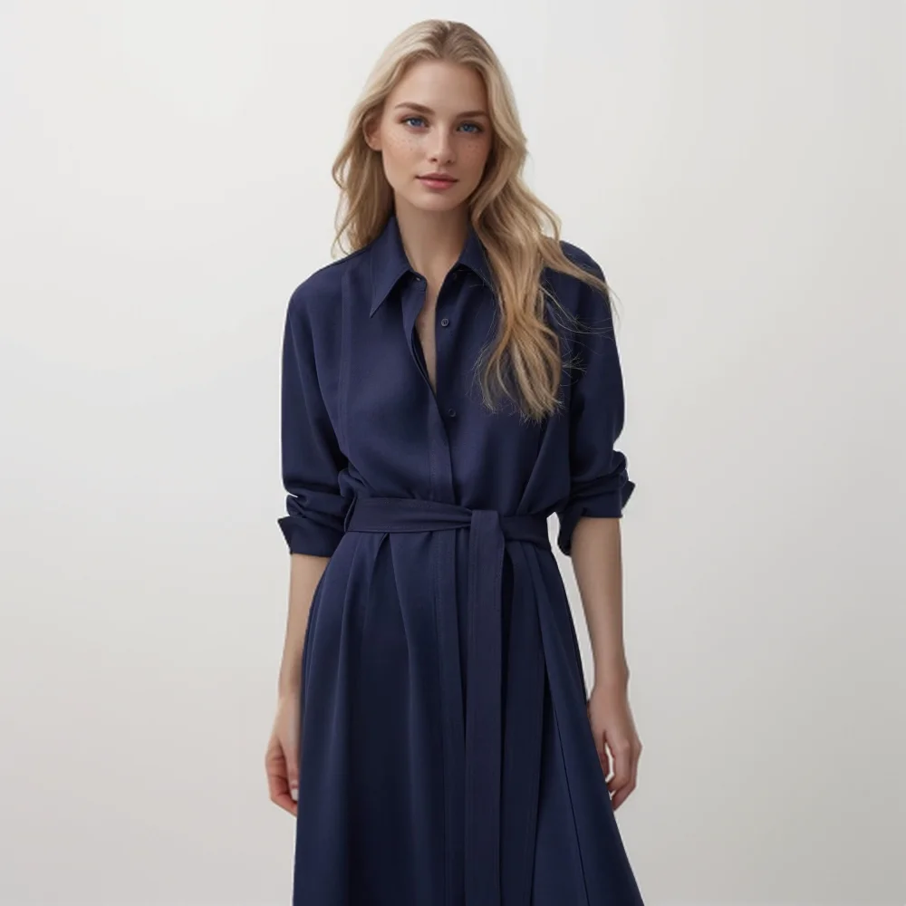 BM&MD&ZA 2024 Spring Women\'s versatile and minimalist style shirt style long dress with tie up dress