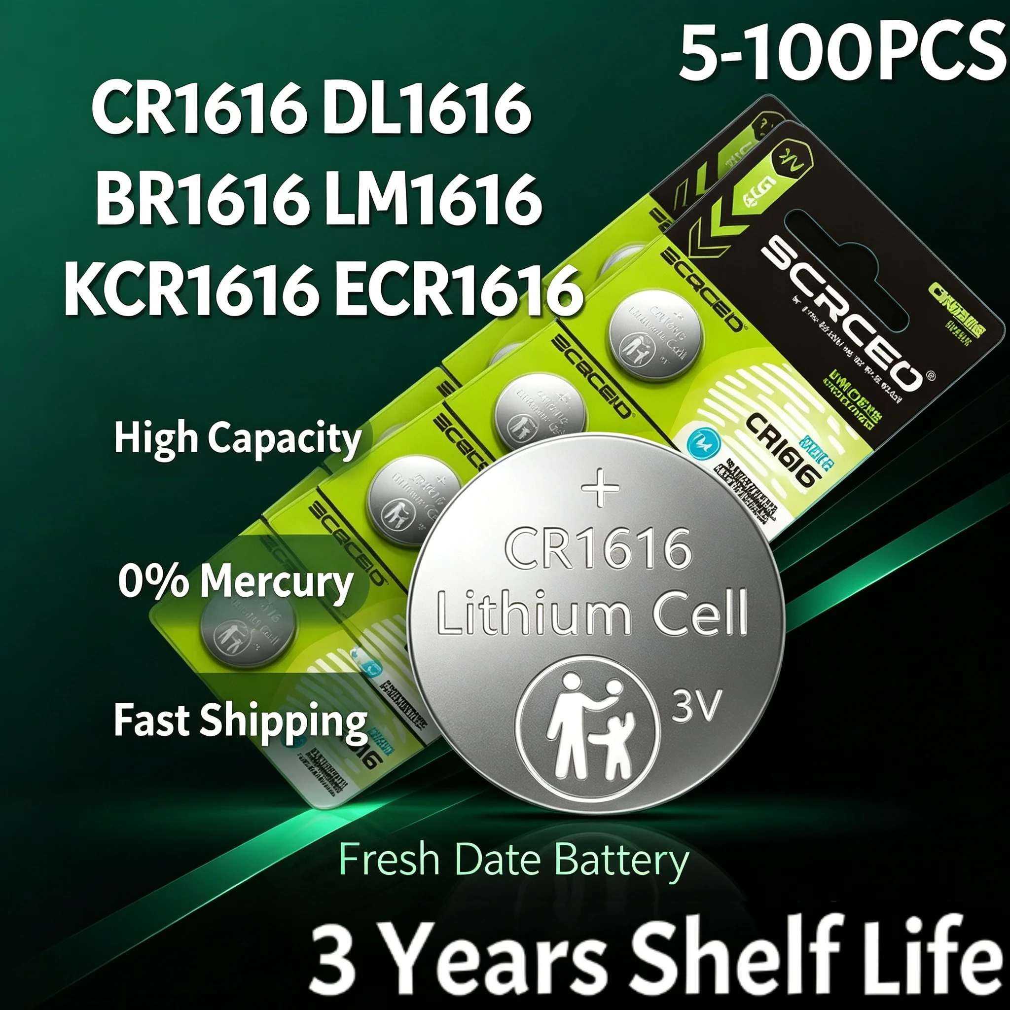 HIGH5-100PCS CR1616 Button Coin Cell Batteries LM1616 ECR1616 DL1616 BR1616 3V  Lithium Battery Coin Cells For Watch Car Toys  K