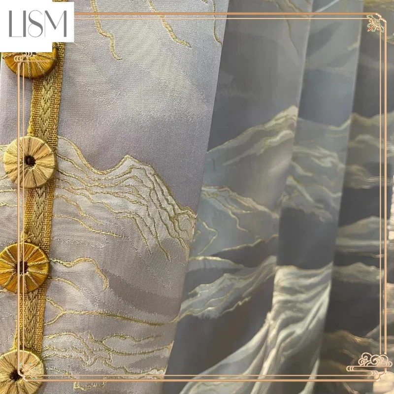 Chinese Style Golden Thread Landscape Map Jacquard High Precision Luxury Blackout Curtainfor Living Room Dining Room Bedroom