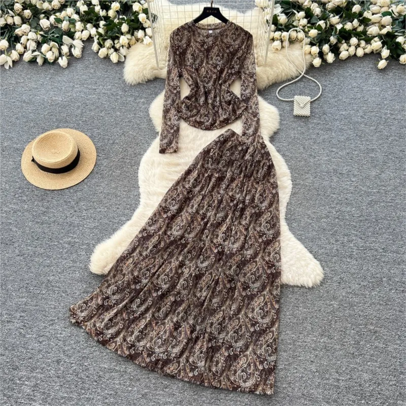 Women Elegant Print Skirt Sets Round Neck Full Sleeve Slim Tops Long Skirts A Line High Waist Autumn Streetwear Two Piece Sets - view 3