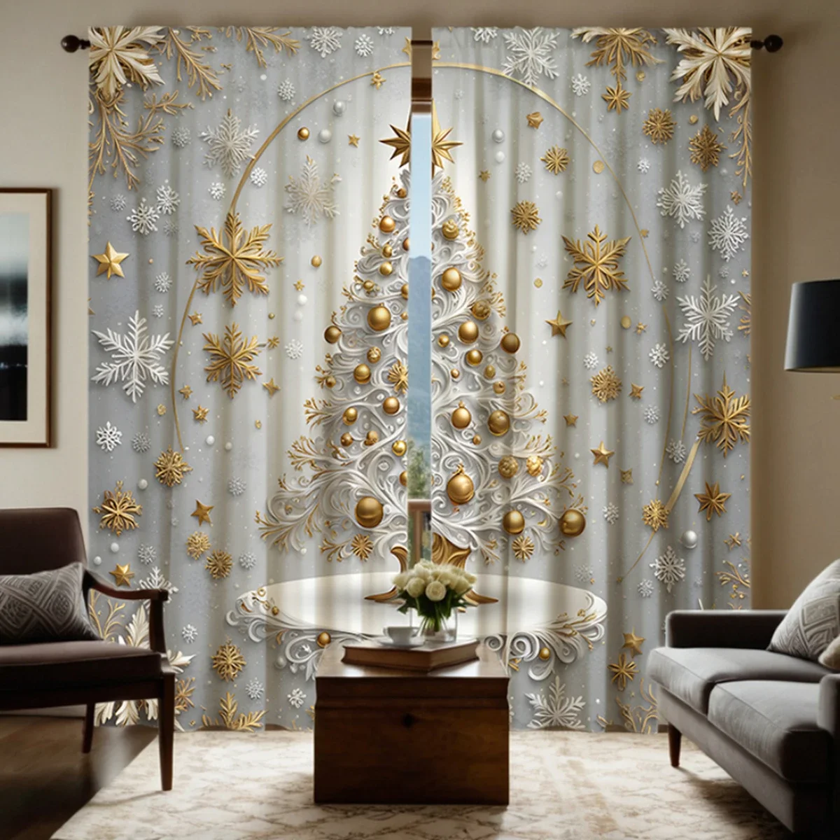 2pcs HD Christmas Snow crystal bead curtain decorative curtain white tie digital printed curtain Home decoration style decorh