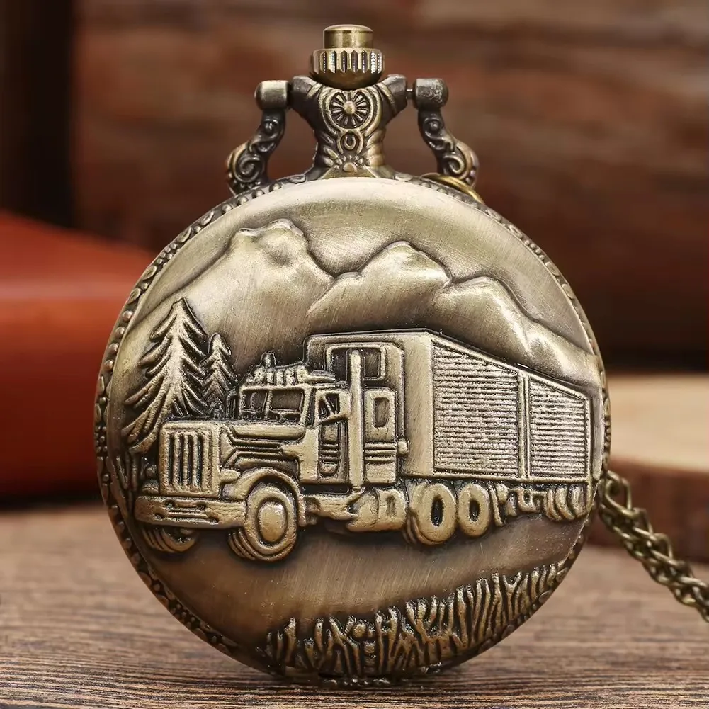 Antyczny styl Retro Wisiorek Naszyjnik Łańcuch Zegar Brązowy Ciężarówka Vintage Steampunk Kwarcowy Zegarek Kieszonkowy Dla Mężczyzn