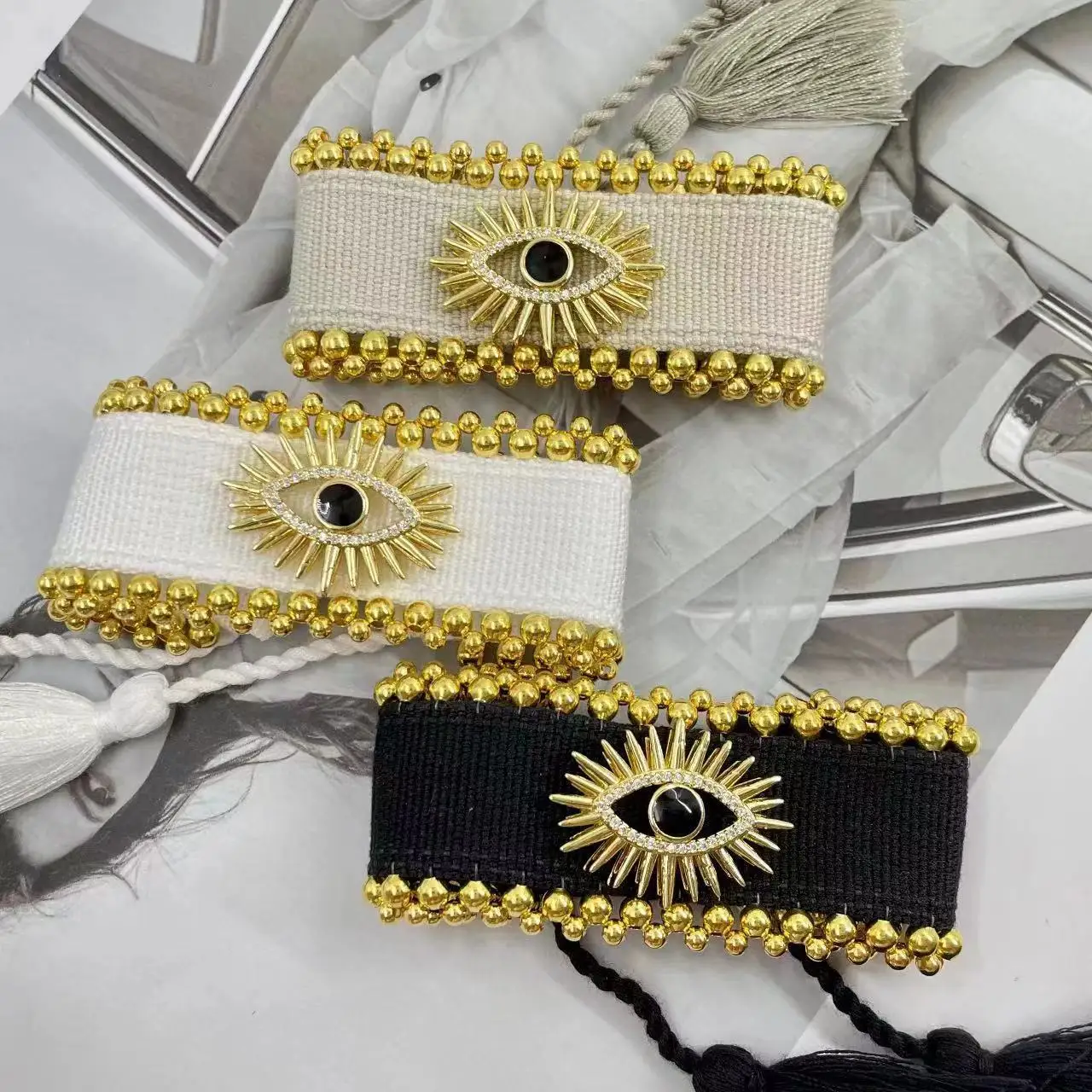 Fashion Rhinestone Black White Evil Eye Weaving Cloth Bracelets for Women Men Bohomian High Quality Devil Eye Bracelet Jewelry
