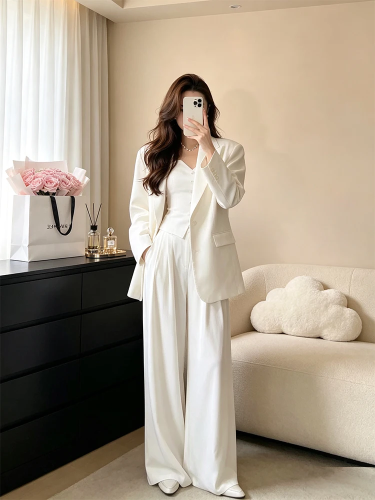 Elegant White Suit Jacket Women's Commute Fashionable Vest Wide Leg Pants Three Piece Set Autumn Season Professional Wear