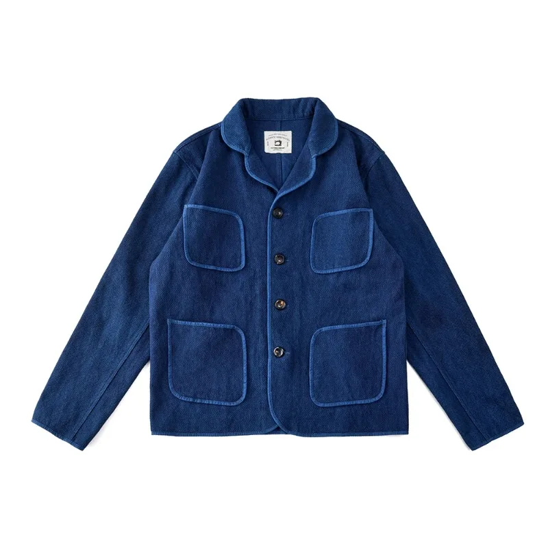

Винтажная мужская куртка ручной работы из индиго, весна-осень, новая, с отложным воротником, с множеством карманов, окрашенная растительным индиго, с длинными рукавами, повседневный кардиган-пальто