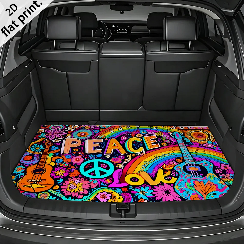 1pc 2D Flat Retro Hippie Style Peace Love Car Trunk Mat - Suitable For Sedans And Suvs, Durable And Easy To Clean, Keeping Car I