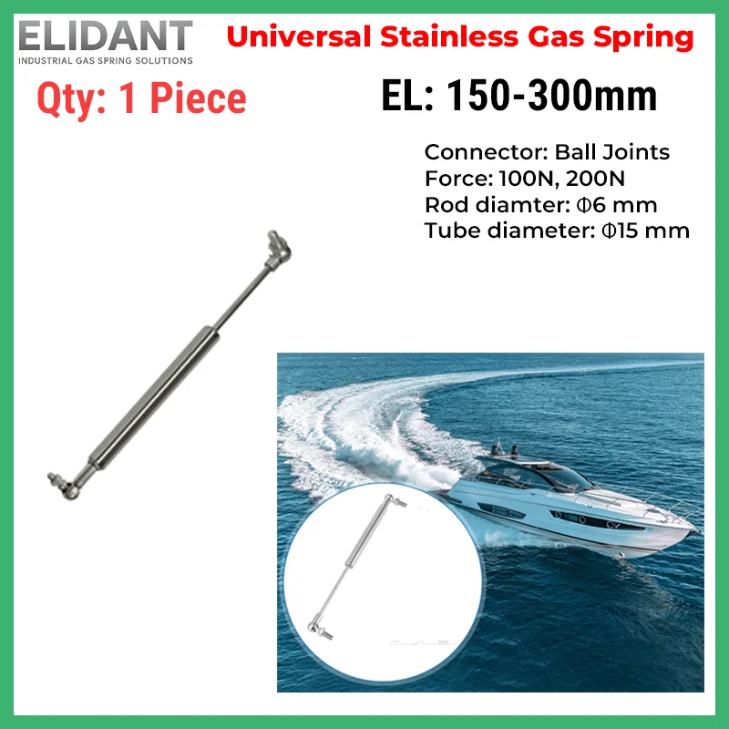 

1PC Stainless Steel Gas Spring 100N 200N 150-300mm Metal Ball Support Rod Yacht Pneumatic Rods Medical Equipment Food Machinery