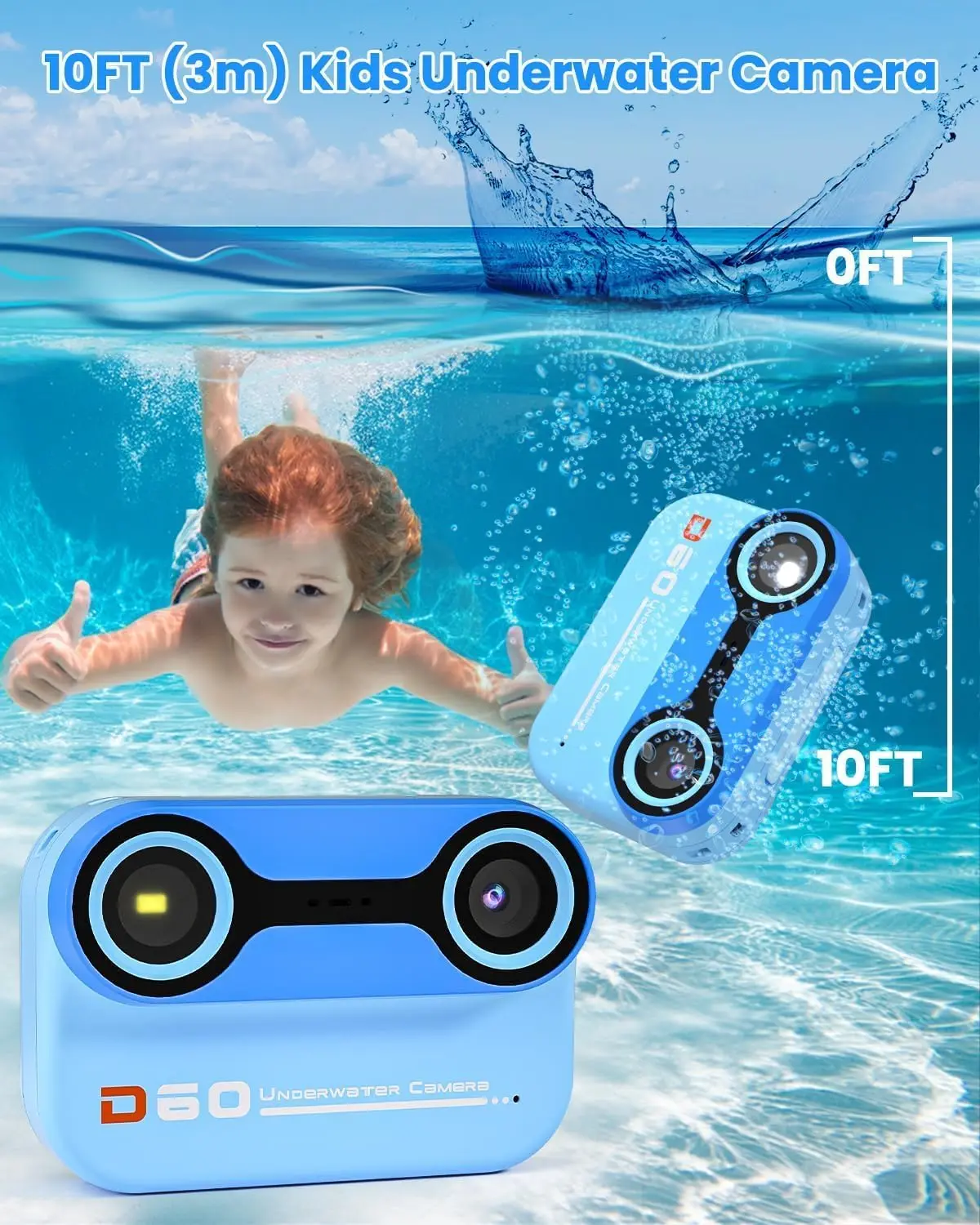 Cámara impermeable para niños de 10 pies, cámara de vídeo 1080P para snorkel, regalos de cumpleaños de Navidad, cámara de acción Digital para piscina con 32G