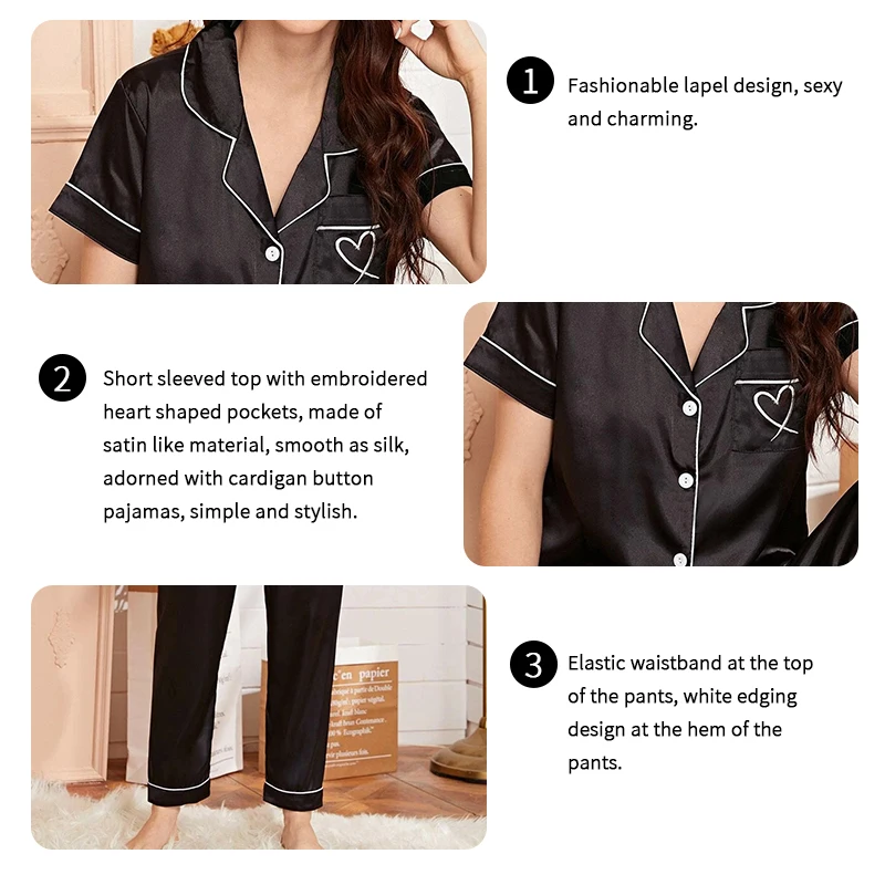 Heart Embroidery Satin Pajama Set Casual Short Sleeve Button Up Lapel Collar Top & Elastic Pants Pyjama Women\'s Sleepwear Pj Set