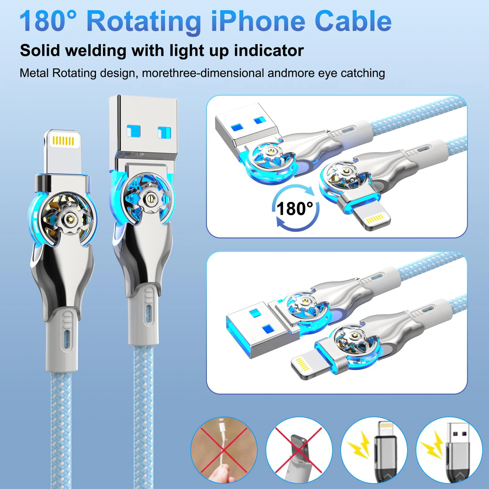 Câble de charge rapide USB A vers L, câble de rotation 180 résistant, câble tressé de type C pour Apple iPhone 14, 13, 12, 11, Huawei, Samsung