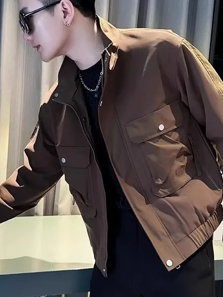 

Faionable Workwear Jaet Men's Casual Sli Stand Collar Zipper Decorated Polyester Fiber Long Sve Anti- Wind Coat