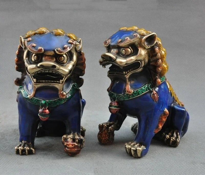 زوج قديم فنغشوي البرونزية مصوغة بطريقة الحرس فو فو الكلب الأسد الوحش تمثال #4