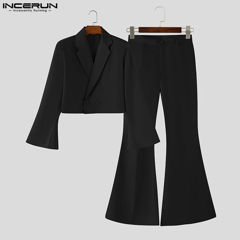 

INCERUN Men Sets Solid Color Flare Long Sleeve Button Crop Blazer & Flare Pants 2PCS Streetwear Elegant 2025 Men's Casual Suits