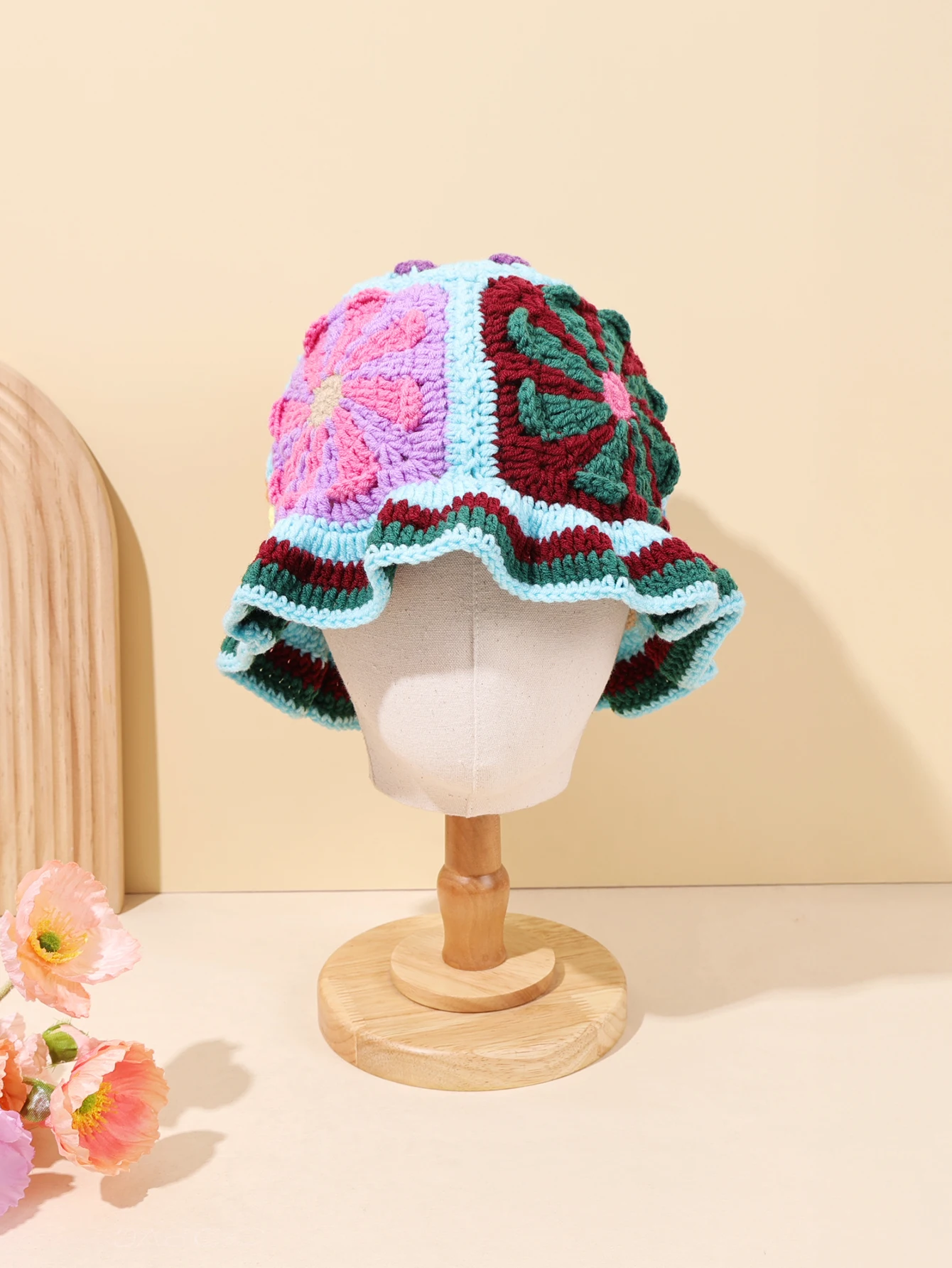قطعة واحدة "قبعة من الخيزران المنسوجة يدويًا على شكل زهرة متعددة الألوان عتيقة، بوهيمية عتيقة، مناسبة جدًا للتصفيف اليومي، #3