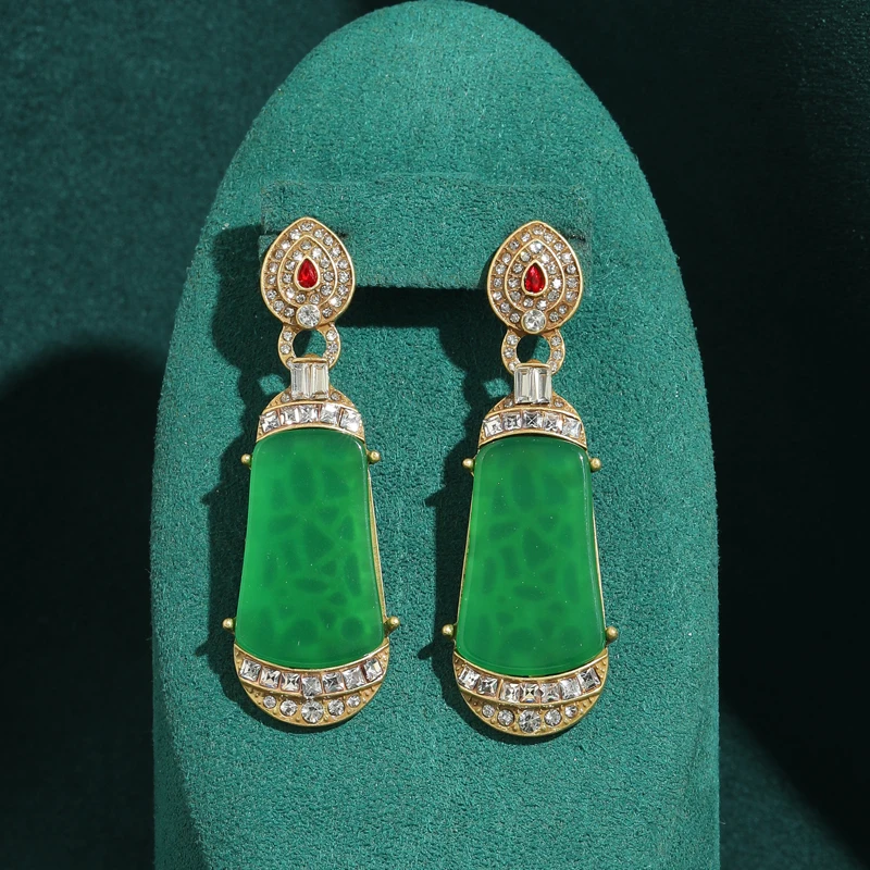 

Vintage Long Glass Green Drop Earrings Gold Plated Zircon Hanging Red Stone Antique Card Geometry Retro Charm Jewelry Women 2026