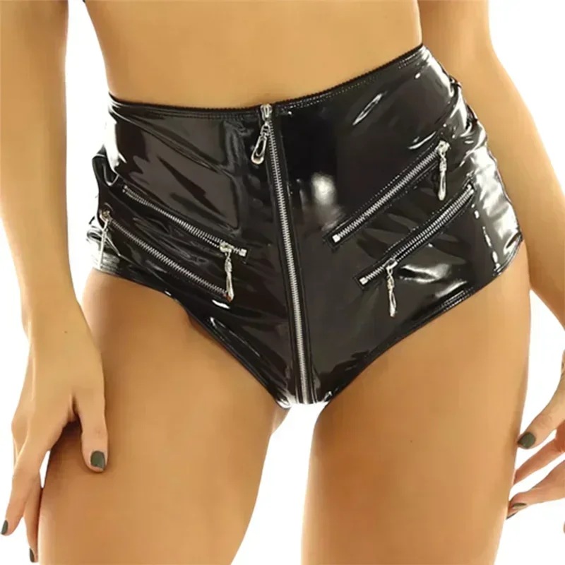 Shiny PVC Patent Leather Sexy Shorts Women Nightclub Party Erotic Triangular Trousers Multi-Zipper Open Crotch Ultra Short Pants