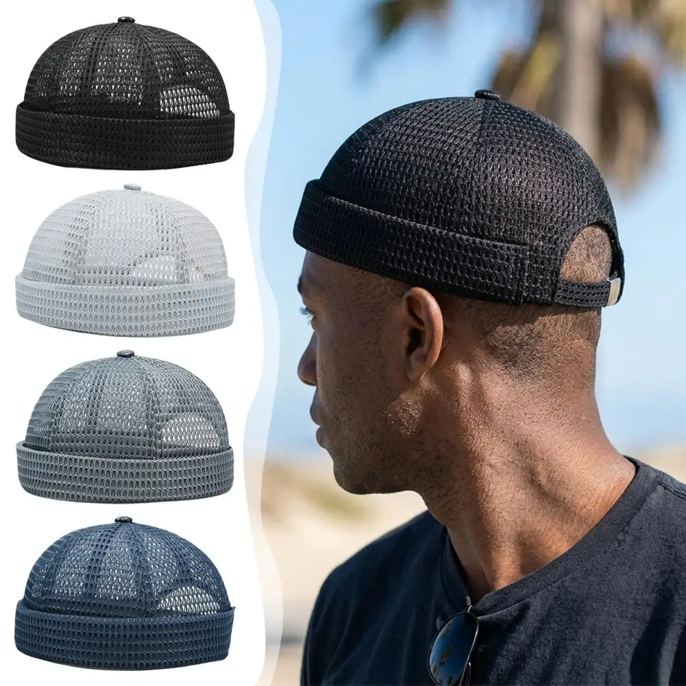Summer Mesh Melon Skin Hat Breathable Ultra-Light Docker Beanies Hat Adjustable Brimless Hip Hop Cap Sailor Landlord Cap