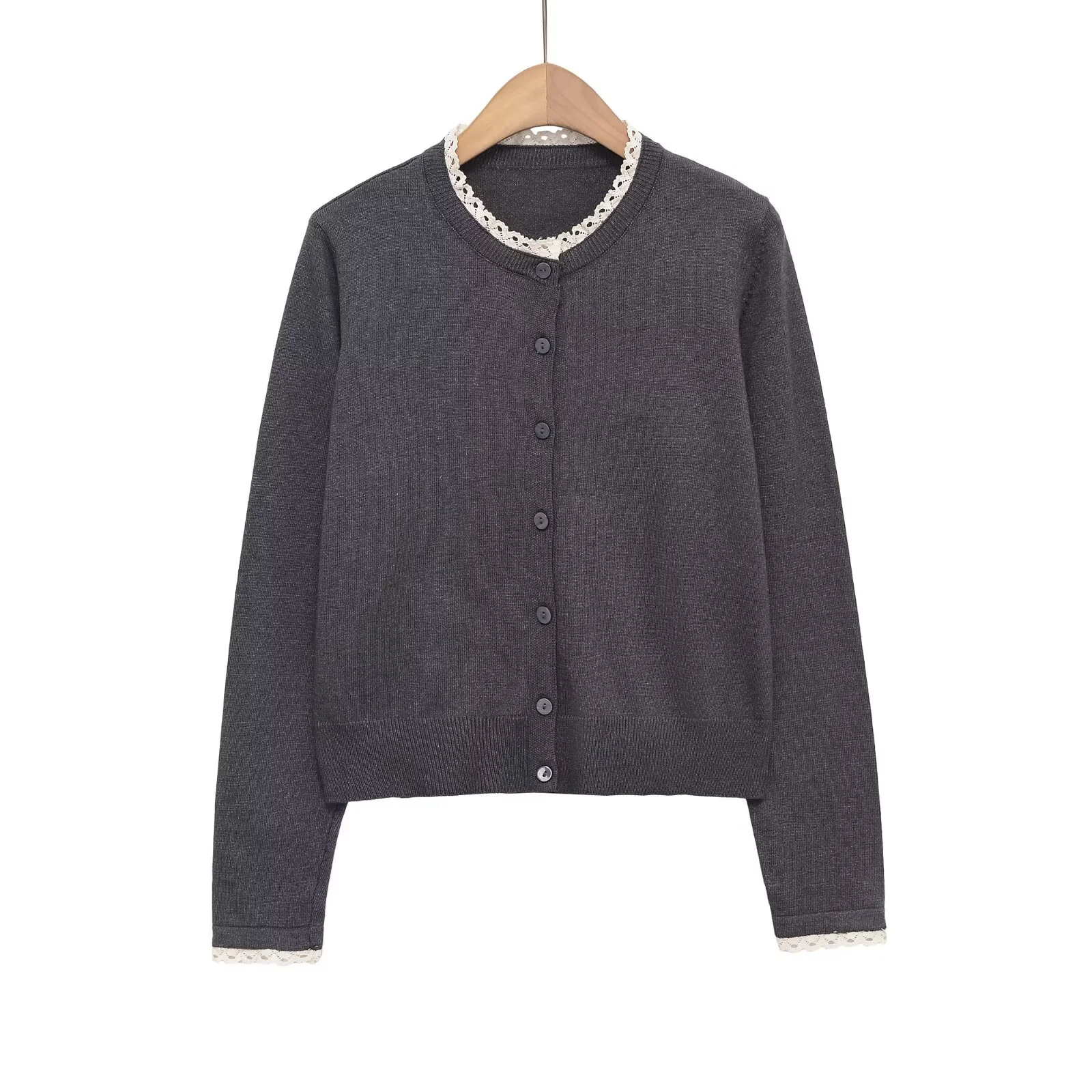 2025 شتاء جديد المرأة عادية حلوة موضة بسيطة المرقعة الجولة الرقبة طويلة الأكمام الدانتيل تقليم سترة مشغولة من الصوف