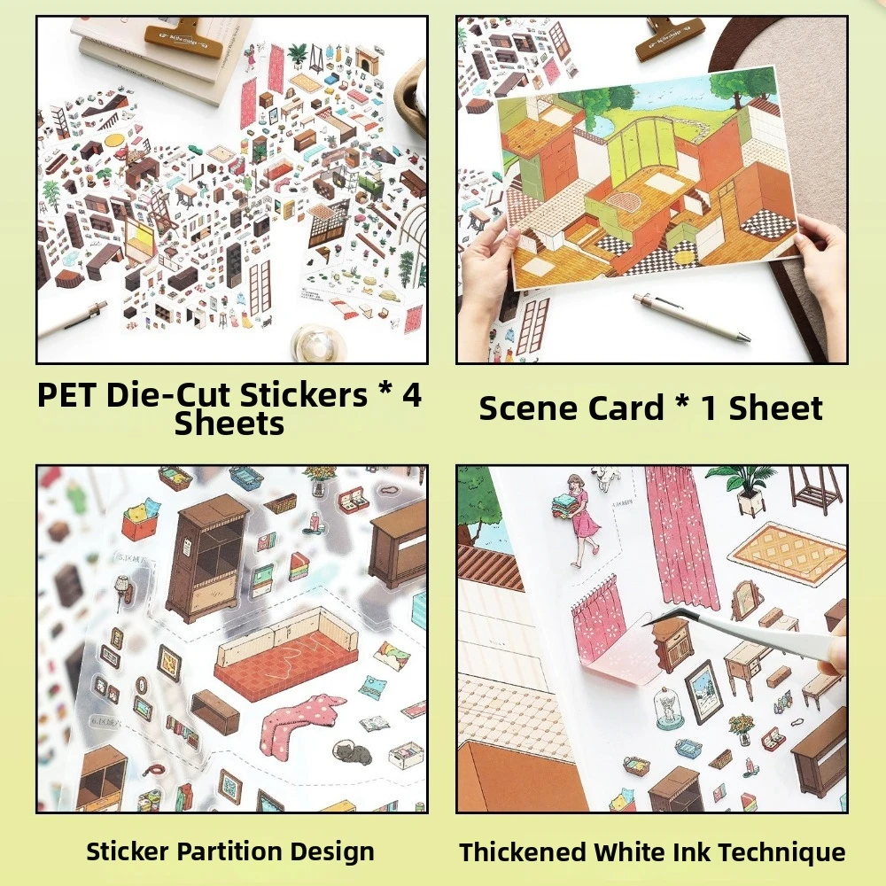 My Home Theme Landscape Stickers PET Die-cut Cottage Cabin Scene Stickers Laboratory Theater Scrapbook Stickers Gift Giving