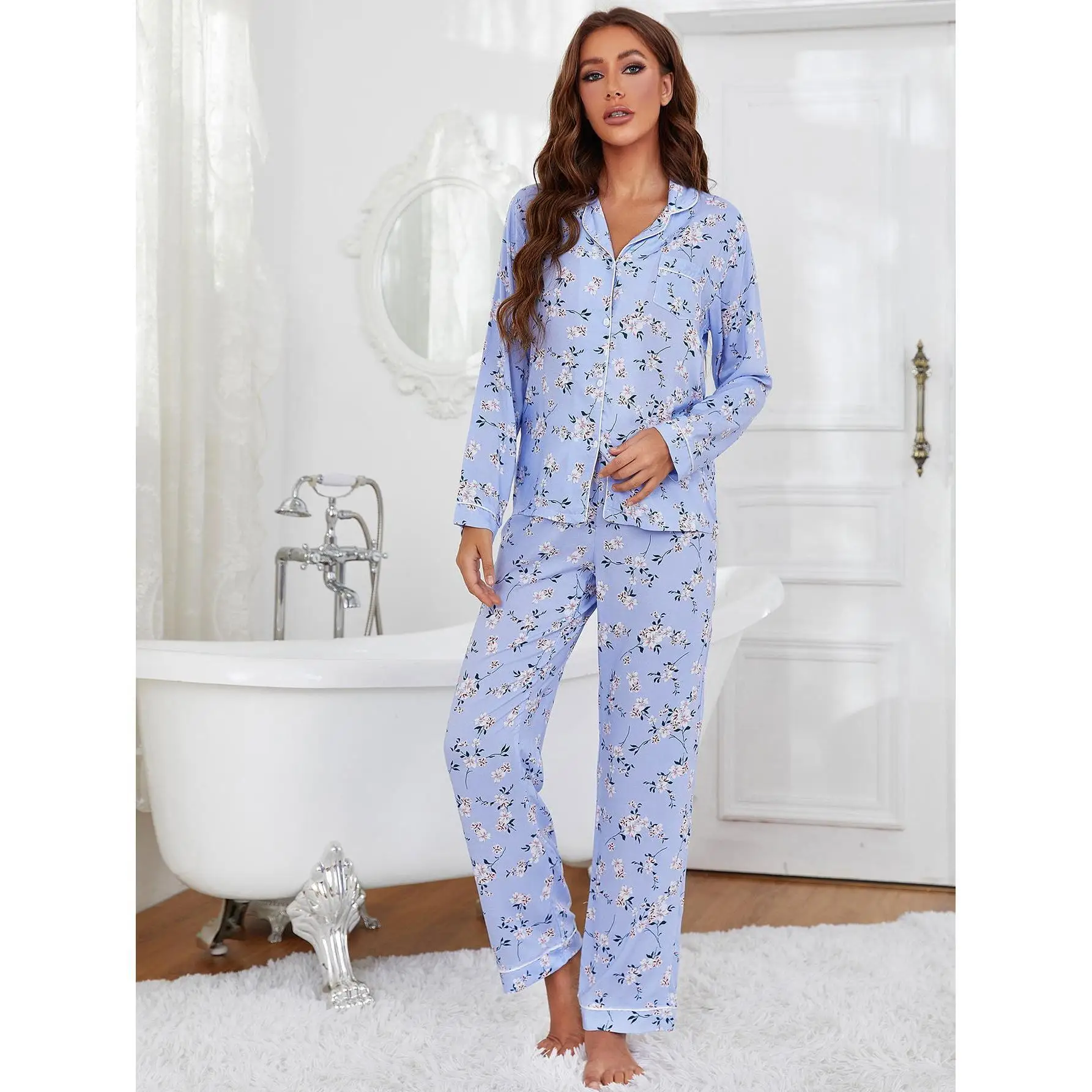 

Pyjamas Femme Spring Autumn Long-sleeved Turn Down Neck Trousers Winter Sleepwear Pijama Printed Fashion Winter Woman Pajamas
