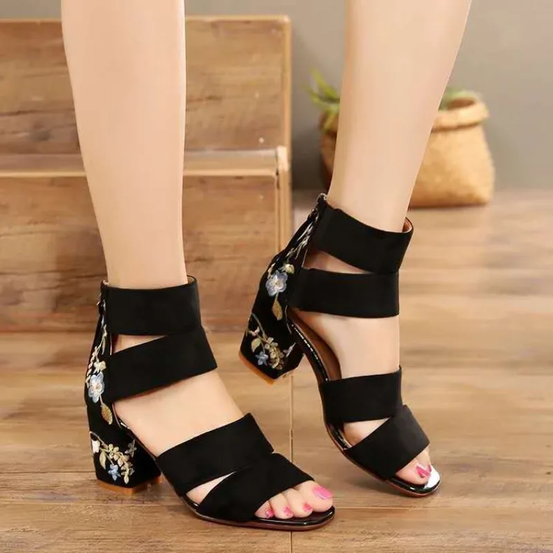 

Women's Sandals Black Ladies Shoes Roman Style Print for Office Work Chunky Block Heel Thick Summer 2024 Comfortable on Sale Pvc