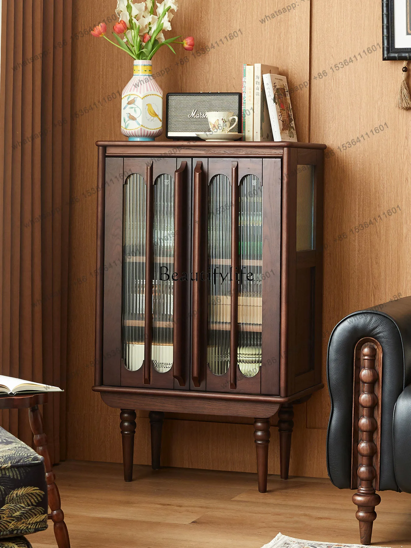 yj7 American retro solid wood French small apartment living room storage display sofa side cabinet