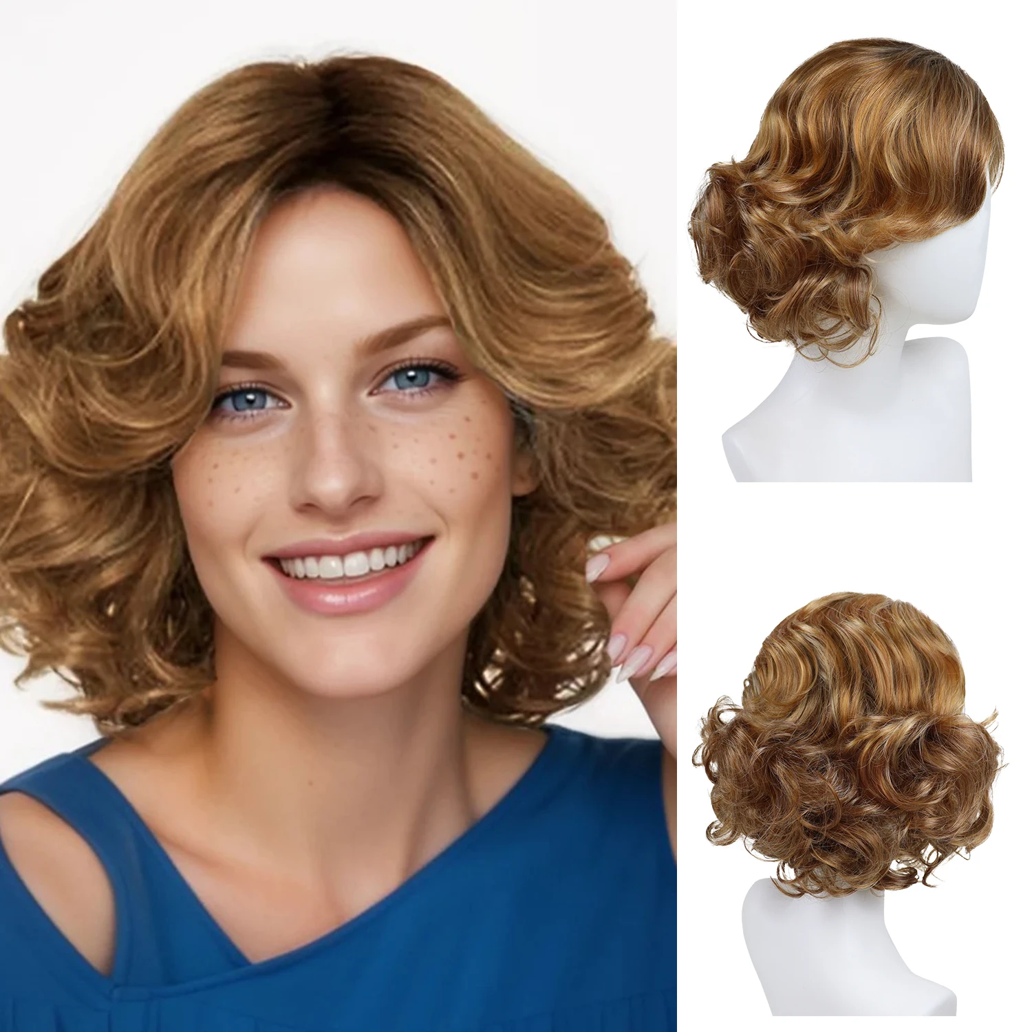 

Short Curly Blonde Wigs for White Women Synthetic Hair Ombre Blond Hair Replacement Wig with Bangs Mother Wigs Daily Cosplay