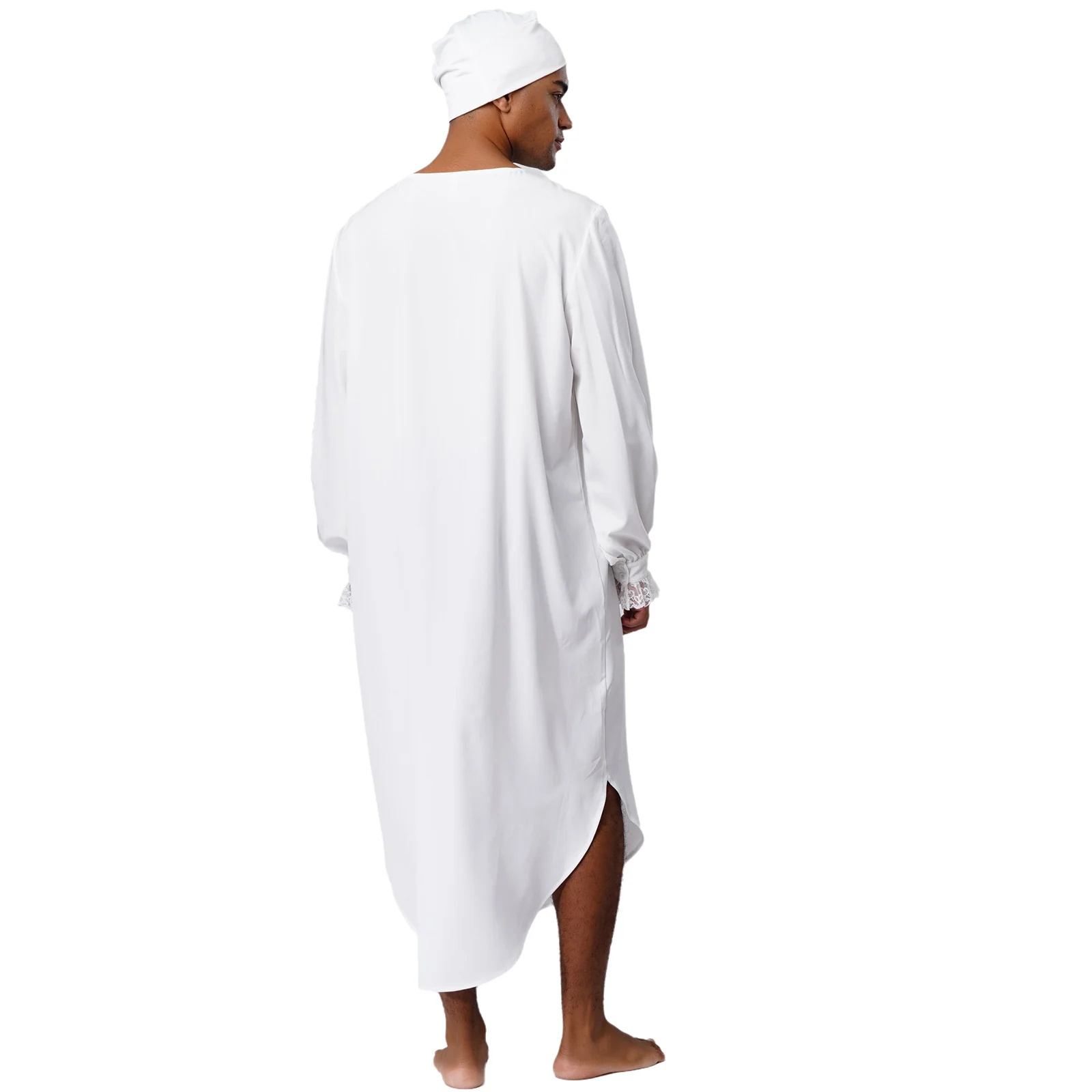 Immagine 3: Camicia da notte da uomo a maniche lunghe in stile vittoriano con finiture in pizzo, morbida e ampia, con berretto da notte, pigiama da notte, indumenti da notte per la casa