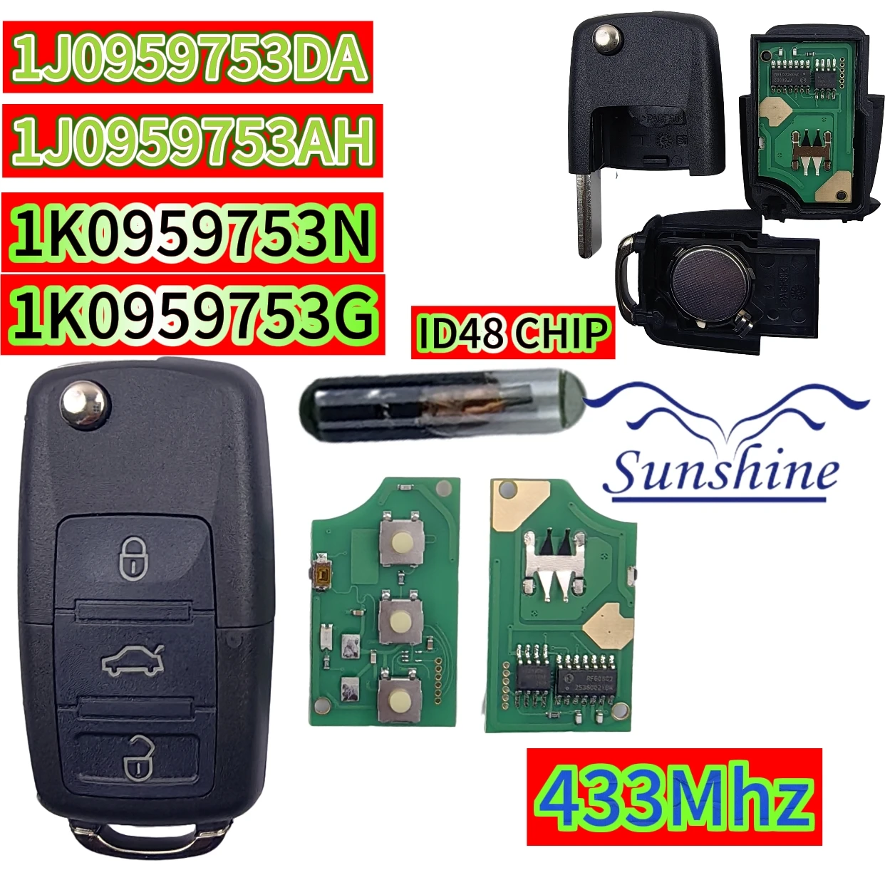 

2PCS 3Button Flip Remote Car Key Fob For VW PASSAT Polo Skoda Seat Polo/Golf/Beetle 1J0959753DA/AH 1K0959753G/753N 434Mhz ID48