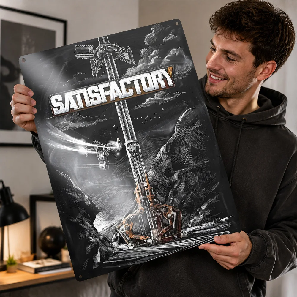 Satisfactory Space Elevator Printed Poster Personalized Aluminum Metal Sign Cosmic Mission Style Wall Art Enhances Home Office