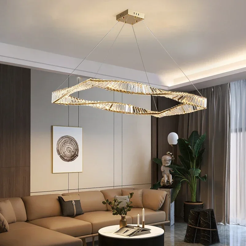 

Rectangle LED Crystal Chandelier Living Dining Room Design Kitchen Hanging Lamp Modern Home Decor Square Gold Light Fixtures