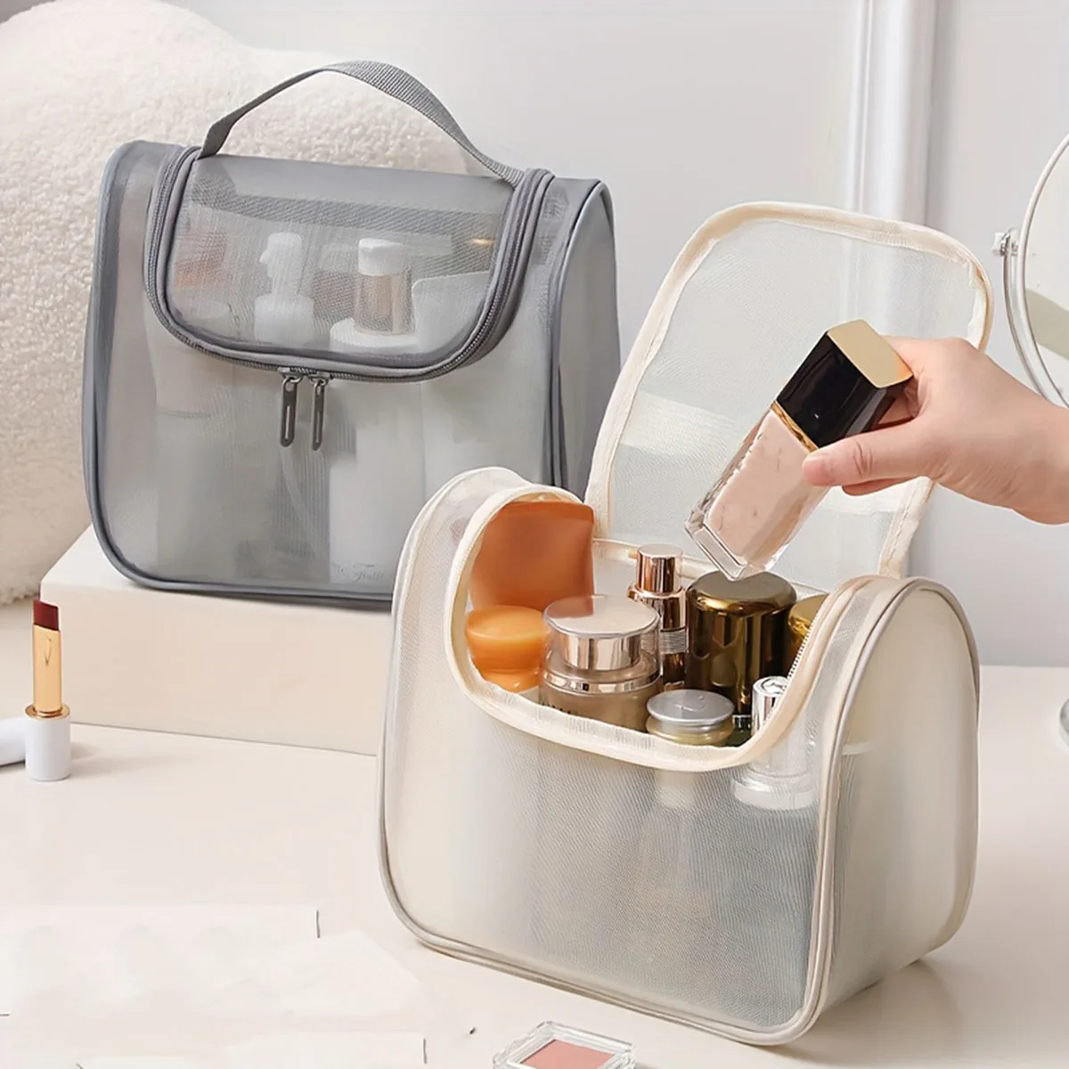 Women's Large Capacity Toiletries Bag Multi-functional Portable Curved Nylon Mesh Makeup Storage Organizer